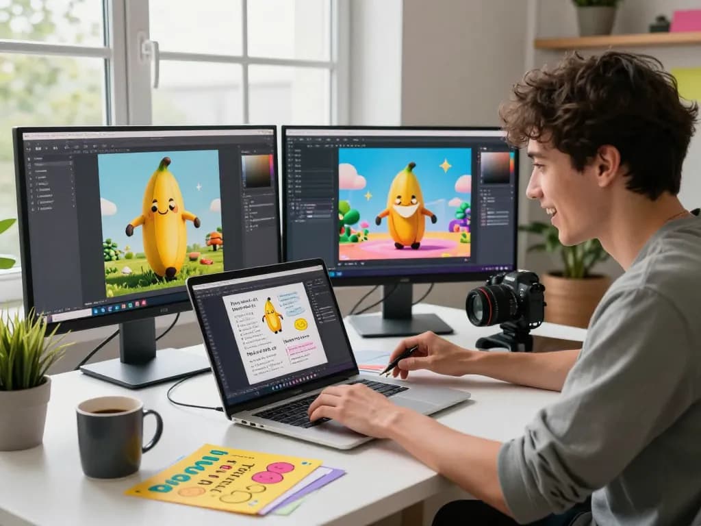 Dynamic tech workspace highlighting nano banana AI image editor in action with vibrant visuals and creative prompts.