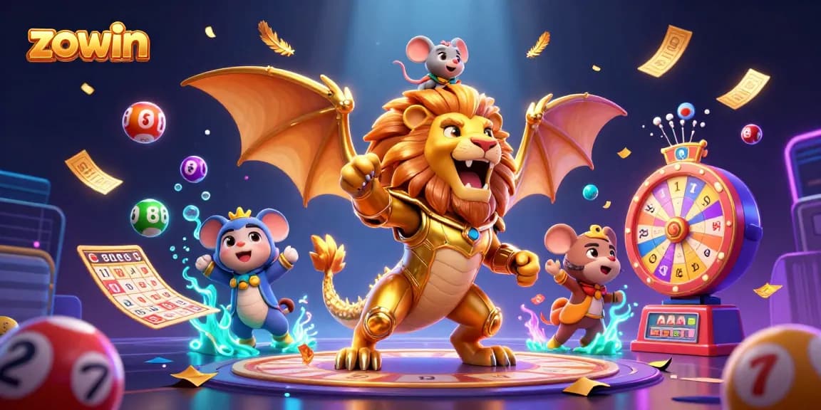 Zowin transforms gaming with a vibrant, hyper-detailed illustration showcasing various gambling elements and a chimera creature.