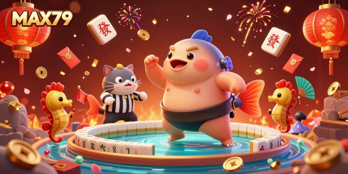 Experience vibrant underwater gambling excitement with MAX79 featuring a fugu in a ring and festive elements.