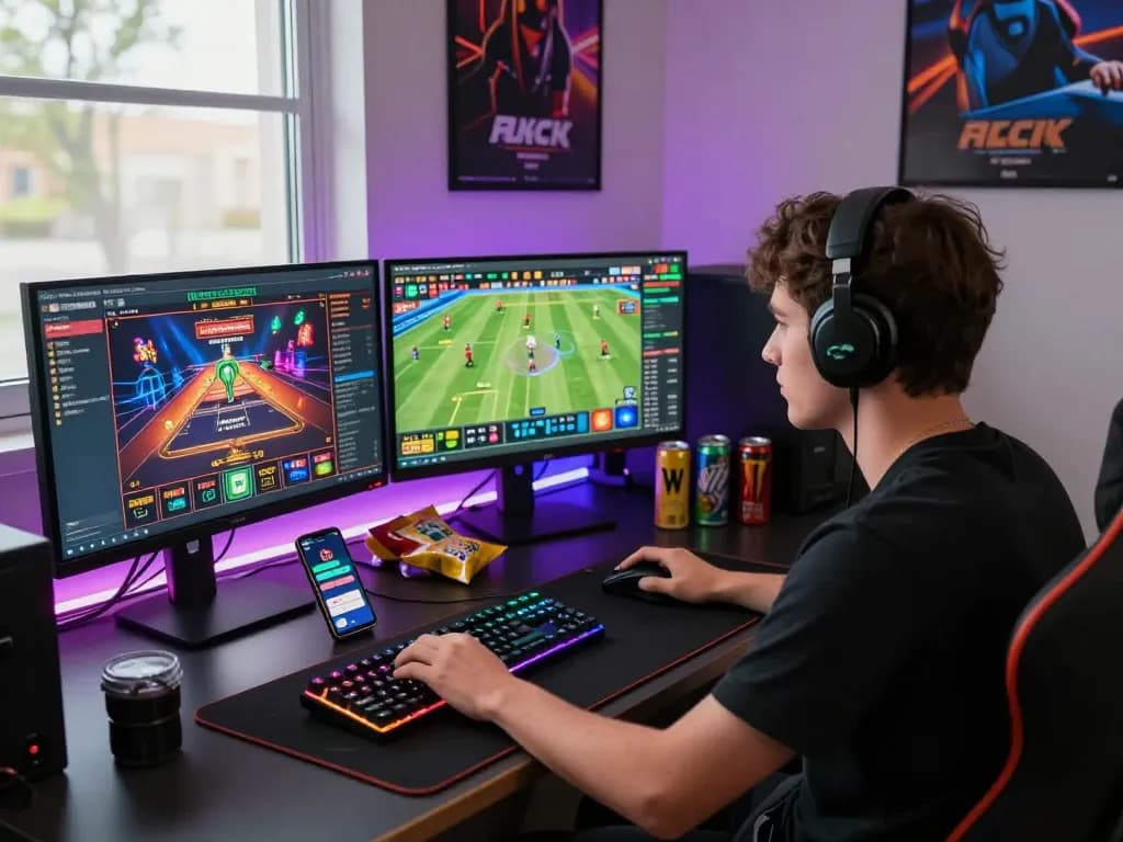 Engaged player enjoying 8KBET online gambling experience with multiple screens and vibrant gaming setup
