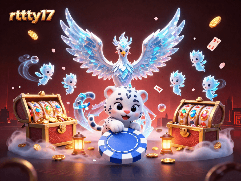 Experience the thrill of rttty17 with a vibrant ice phoenix and casino elements in this stunning 3D illustration.