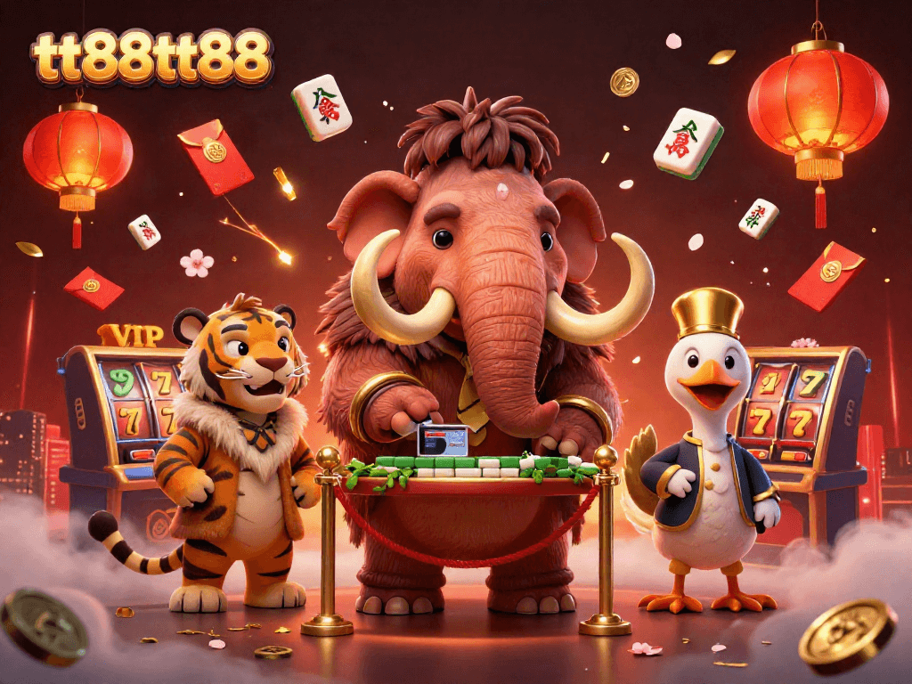 Check IDs at tt88tt88 with a cartoon woolly mammoth bouncer and a saber-tooth tiger VIP in a vibrant casino scene.