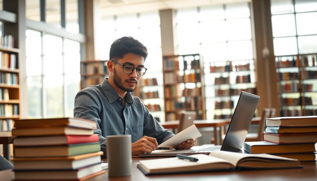 Pay someone to take gre for me with a focused student studying at a bright, modern library.