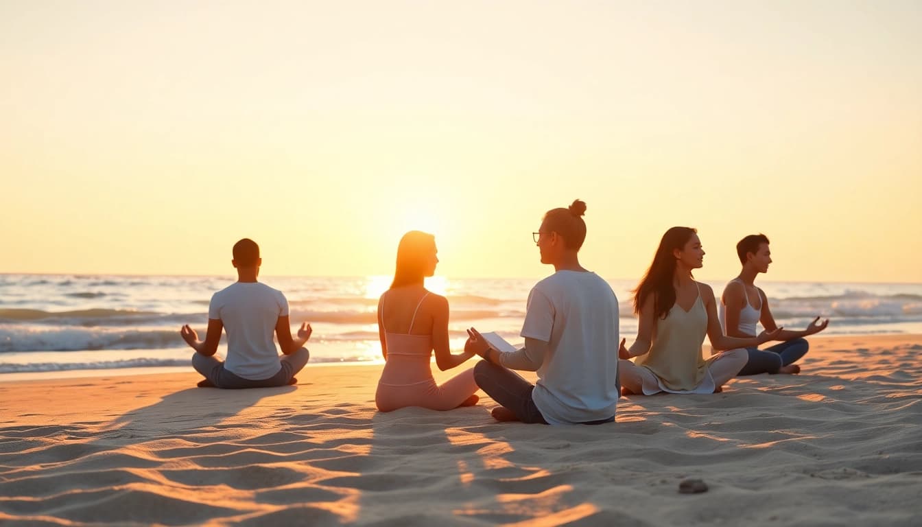 People practicing mental wellness activities on a serene beach at sunrise.