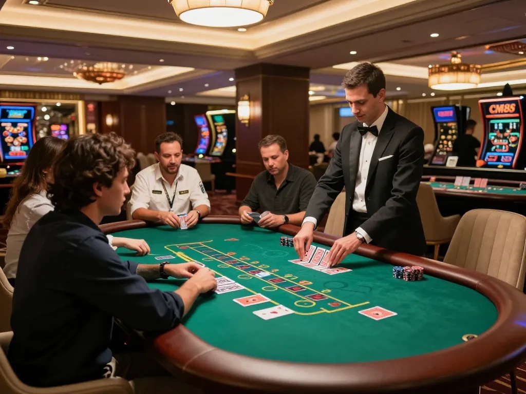 Players experiencing luxury blackjack at CM88 casino, highlighting strategic gameplay and engaging atmosphere