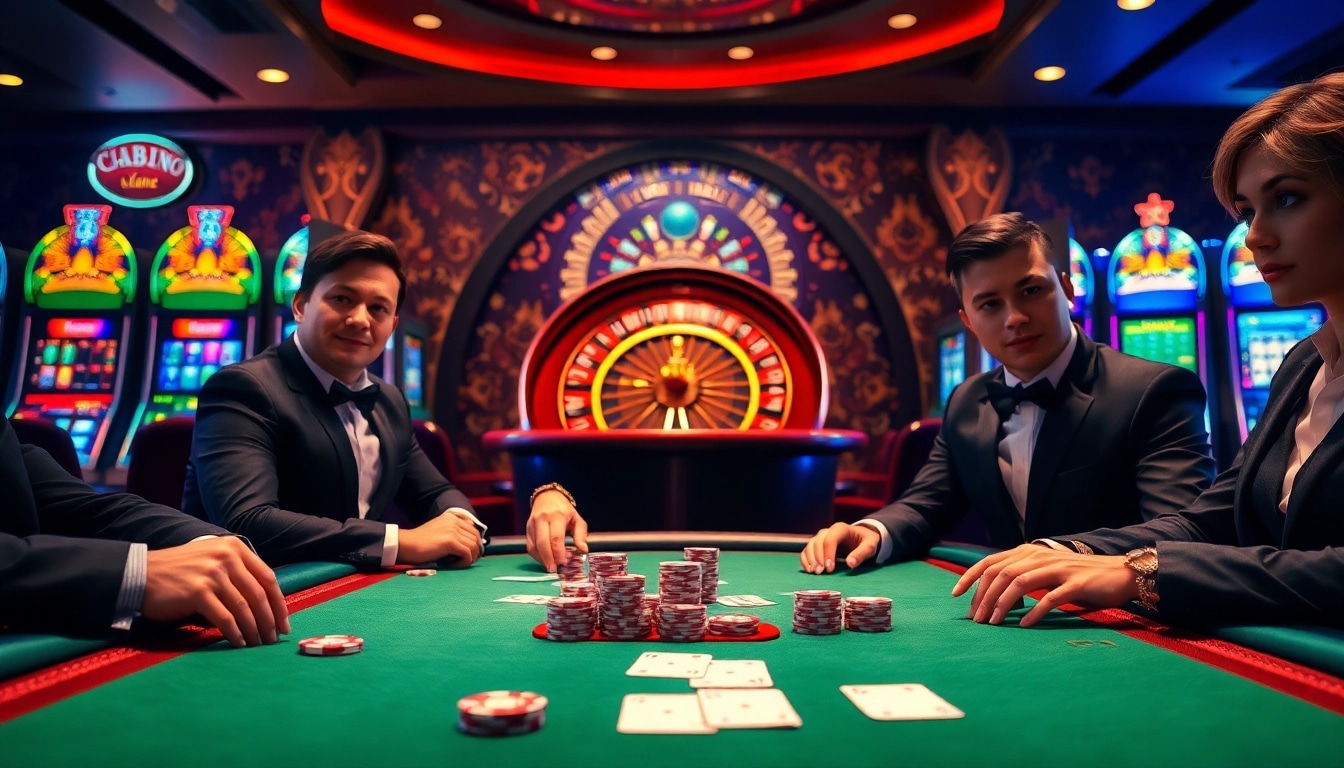 Engaged players strategize with poker chips at SCLUB88's luxurious casino table.