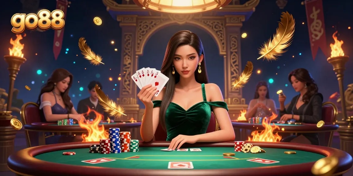 Experience the thrill of go88 with a strategic player engaged in high-stakes poker at a luxury table filled with chips and golden tokens.