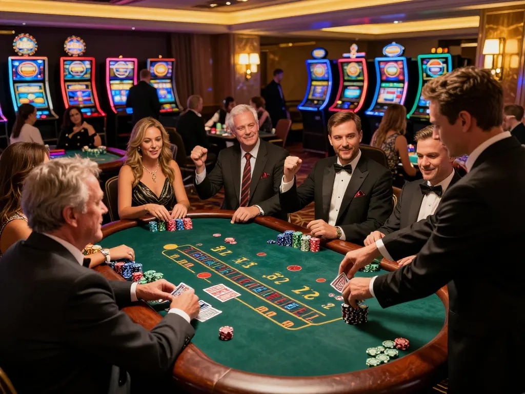 Players place bets at a blackjack table in an upscale casino, showcasing G28 COM's vibrant gaming atmosphere.