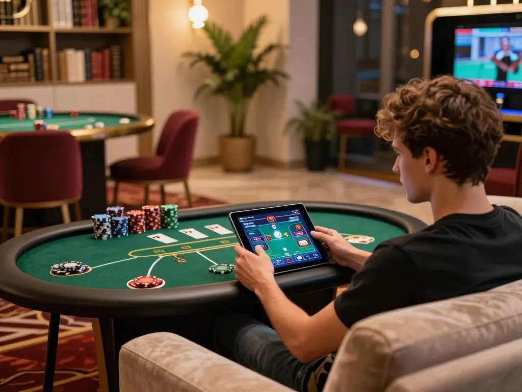 Engage in strategic online poker gameplay on mb88-bm's vibrant tablet interface from a cozy setting.