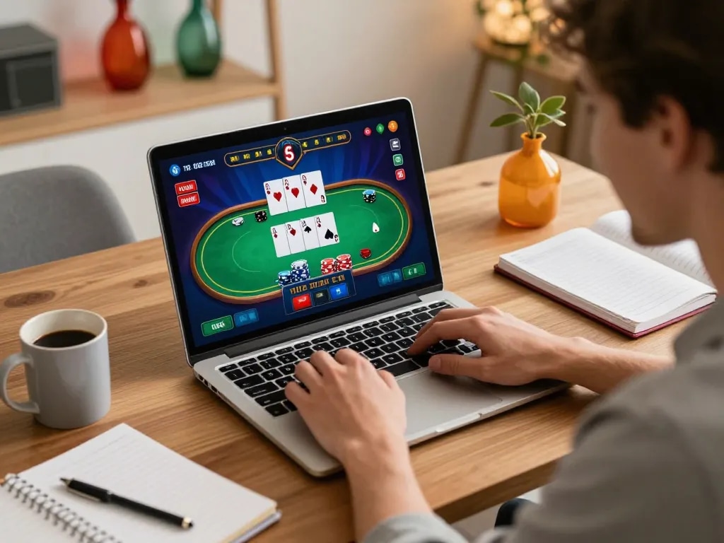 Player using laptop for rokok88 online poker game, surrounded by strategy notes and warm lighting.
