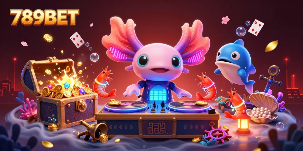 Spin with 789BET: A vibrant 3D illustration showcasing underwater casino action with animated characters and golden treasure.