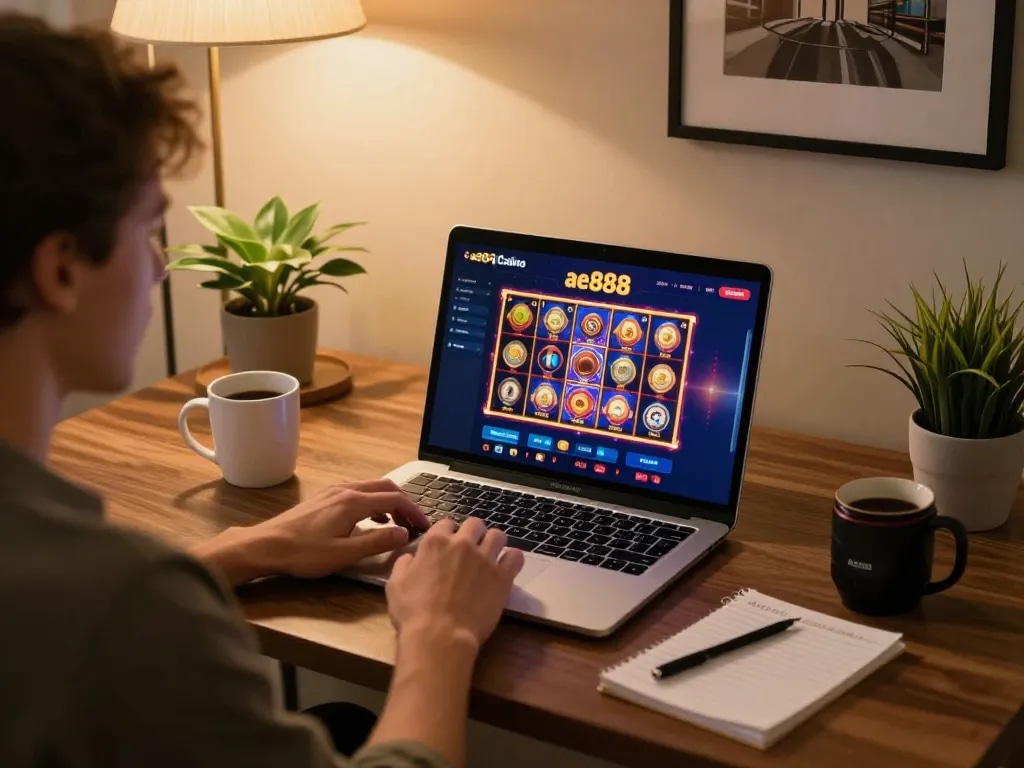 Engaging in online gaming at ae888, displaying vibrant slots and strategy notes in a cozy home setting.