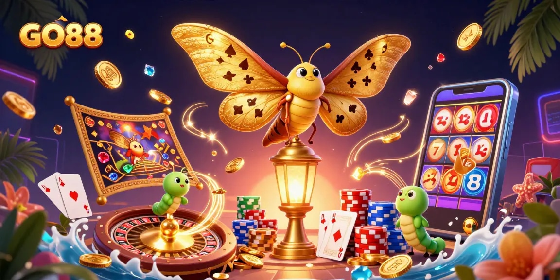 Experience the GO88 casino world with a vibrant scene featuring golden coins, dazzling slots, and a majestic atlas moth.