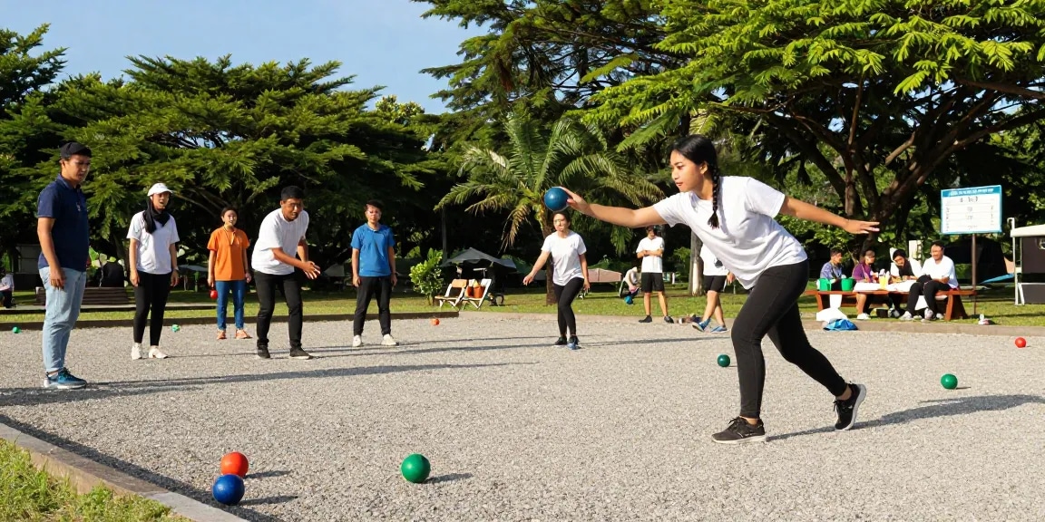 Petanque players at sunny outdoor court showcasing fopikotakendari.org community spirit