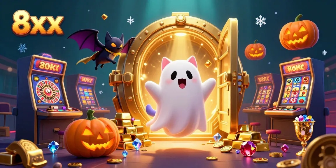 Engage with the vibrant casino experience at 8xx featuring a ghost cat, treasure, and gaming excitement.