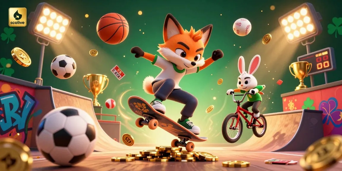 Socolive showcases a 3D fox skateboarder kicking over golden poker chips while a rabbit performs BMX tricks, set against lively casino graffiti.