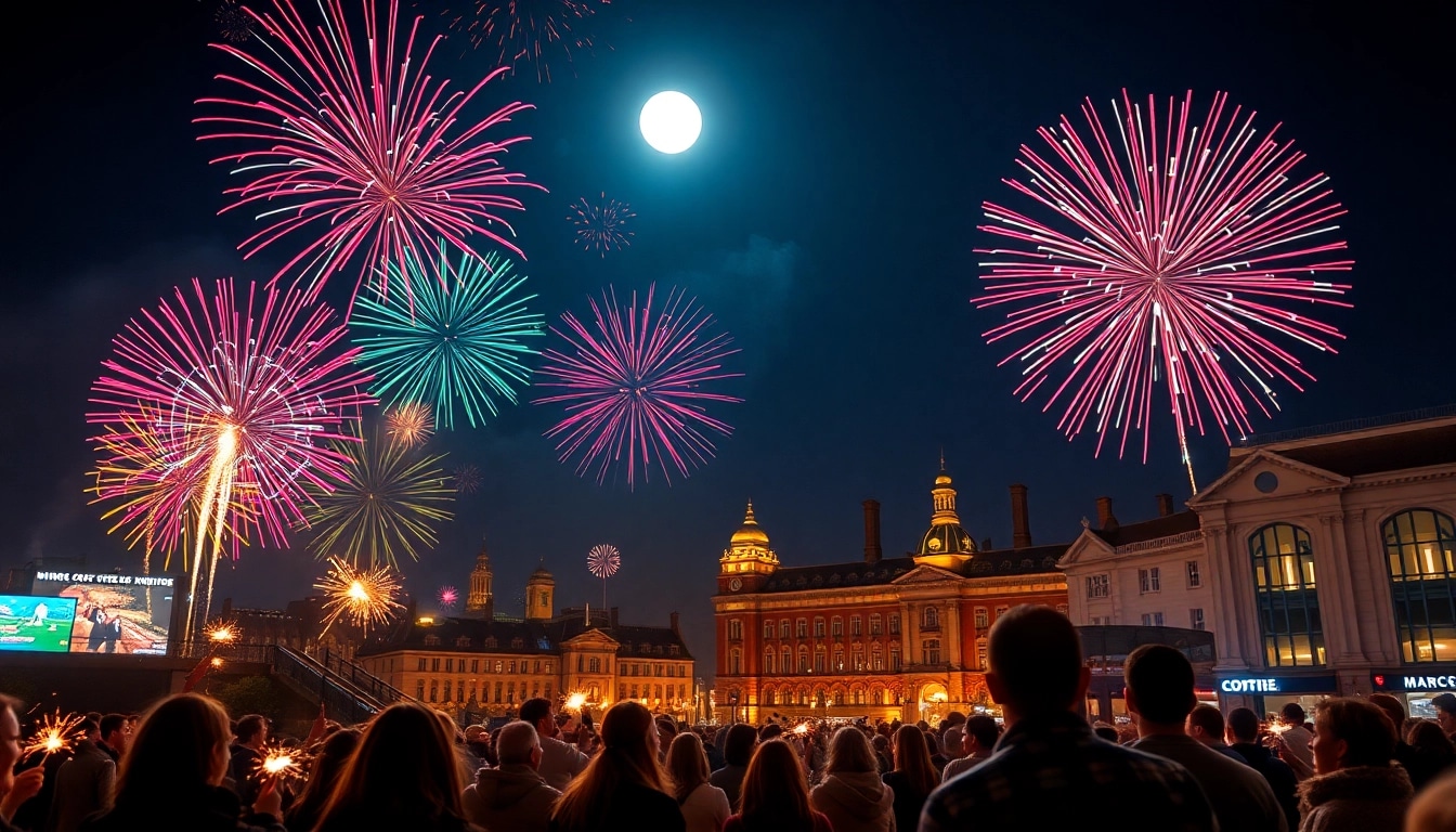 Buy fireworks Manchester displayed with vibrant bursts lighting up the night sky over the city.