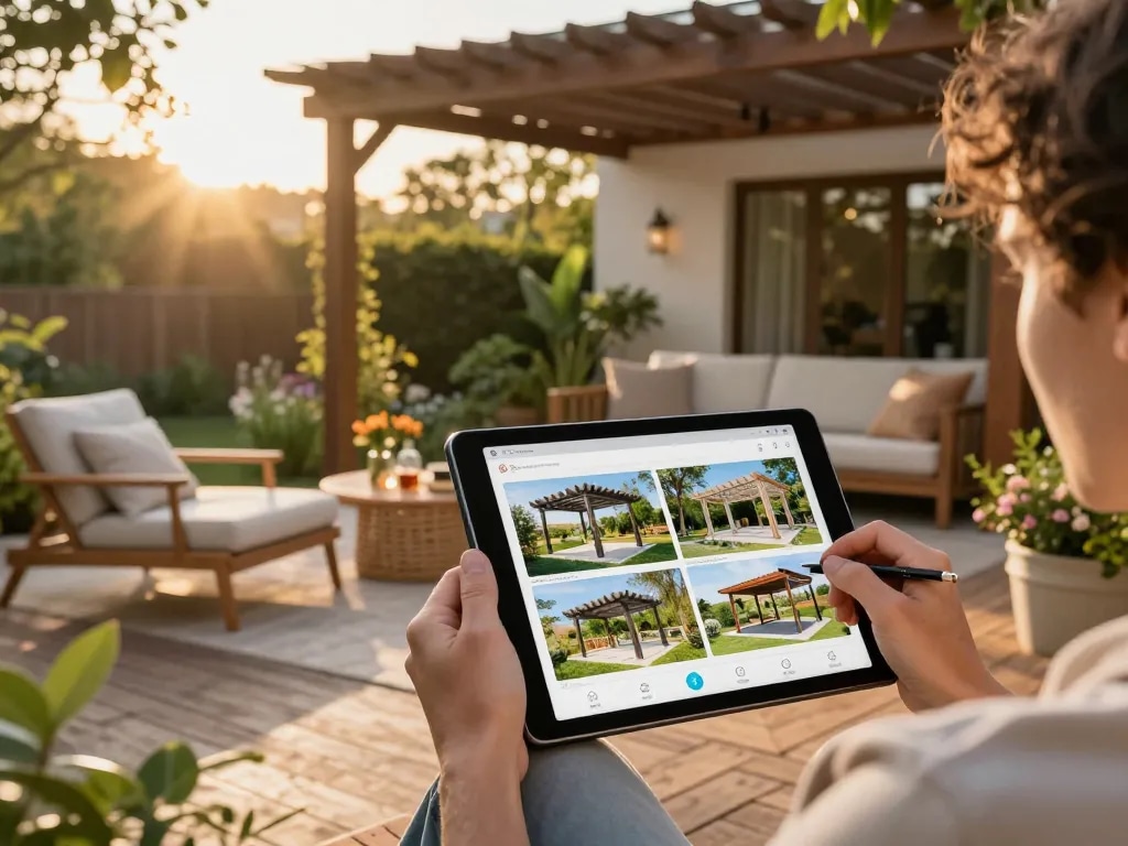 Person using the pergola configurator app to design a personalized outdoor space with plants and furniture.