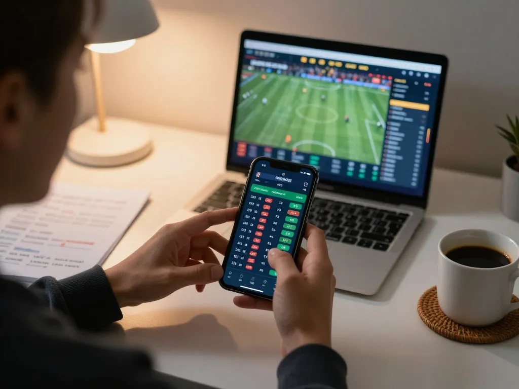 Alo789 user engaged in sports betting action, analyzing live odds on a smartphone.
