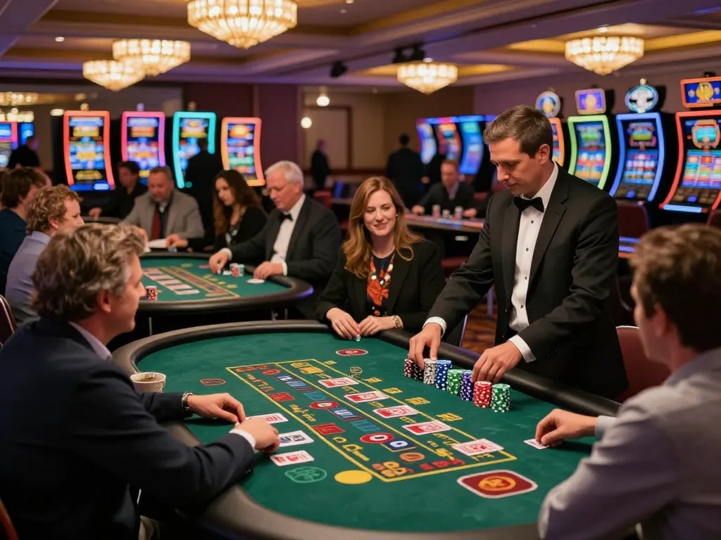 F168 engaging players at vibrant casino floor with roulette and blackjack tables in action