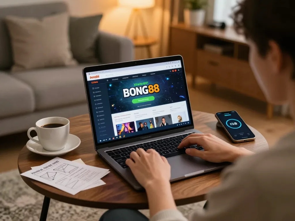Bong88 online gaming experience in a cozy living room with a person using a laptop for strategic gameplay
