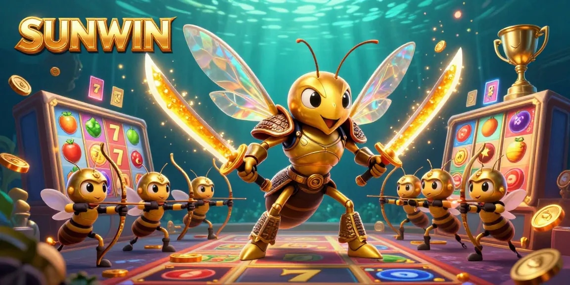 SUNWIN offers thrilling casino experiences with vibrant slot reels and golden trophies featured in a dynamic gaming scene.