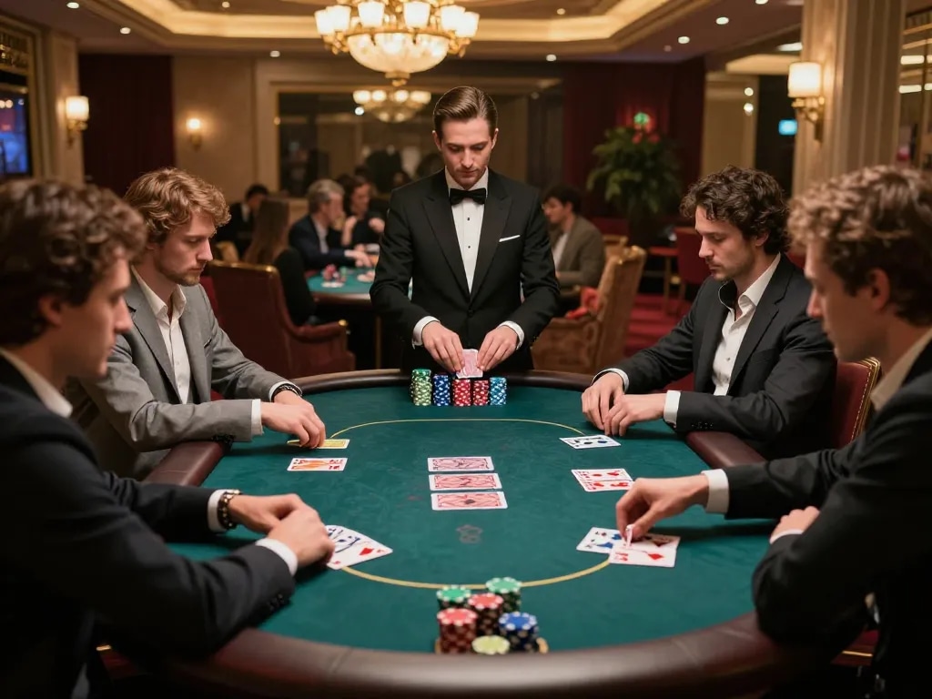 iwinclub poker players engaged in a strategic game surrounded by luxurious casino ambiance