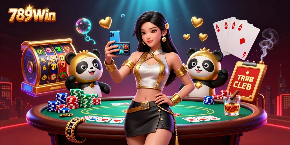 Experience thrilling gaming with 789Win featuring a woman and panda in a vibrant casino scene.