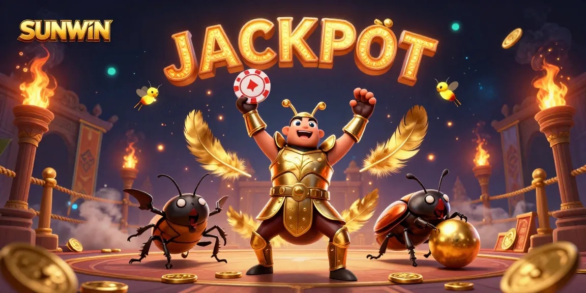 SUNWIN casino scene with a beetle champion lifting a poker chip, celebrating a jackpot