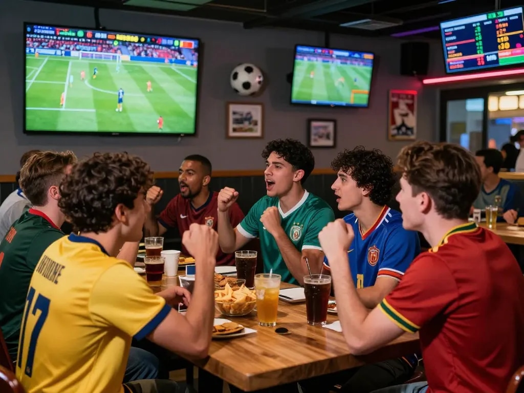Exciting scene of friends enjoying football betting while watching live match in a sports bar, showcasing trang cá độ bóng đá atmosphere.