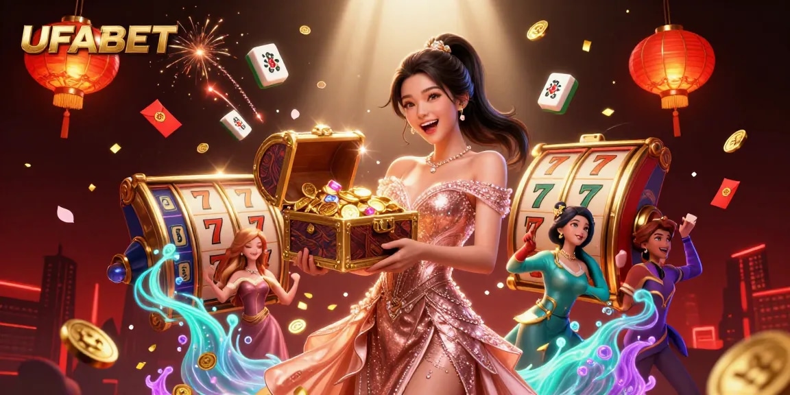 Experience the excitement of UFABET with vibrant 3D imagery showcasing a stunning treasure chest of wins.