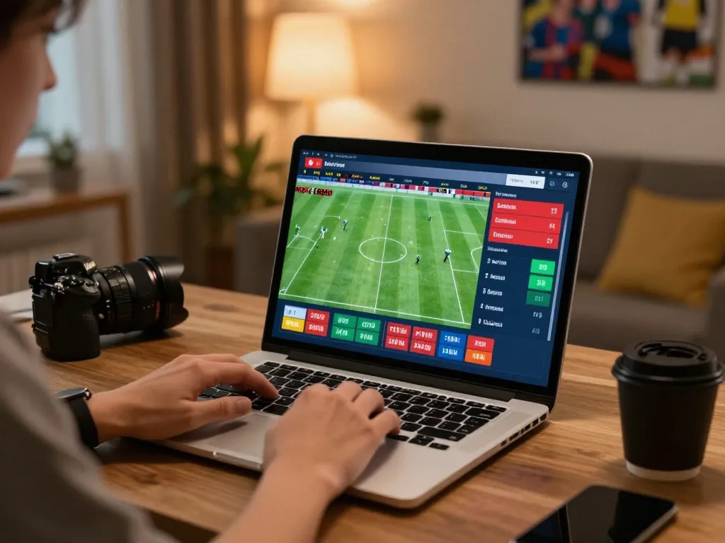 Engaging with web cá độ bóng đá through a laptop for live sports betting, showcasing dynamic interaction and modern setup