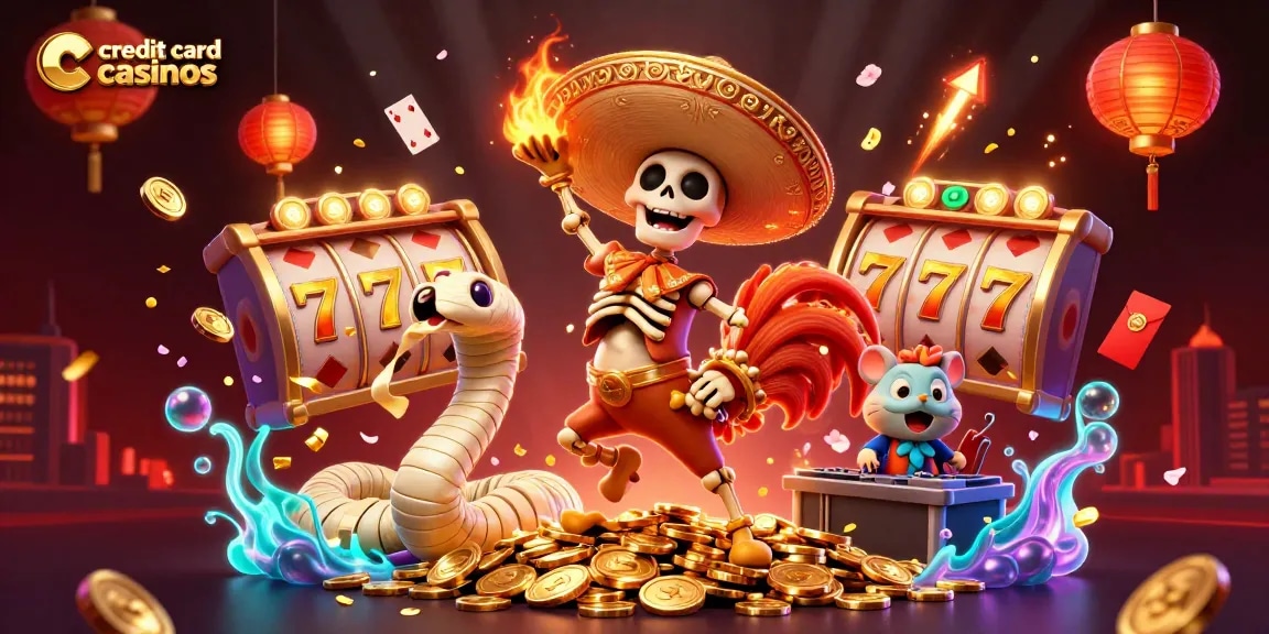 Celebrate wins at credit card casinos with a fiesta of fun characters and vibrant casino elements.