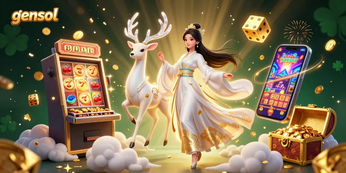 Experience the thrill of gensol’s casino magic with a beautiful Asian woman and a celestial deer amidst a jackpot explosion.