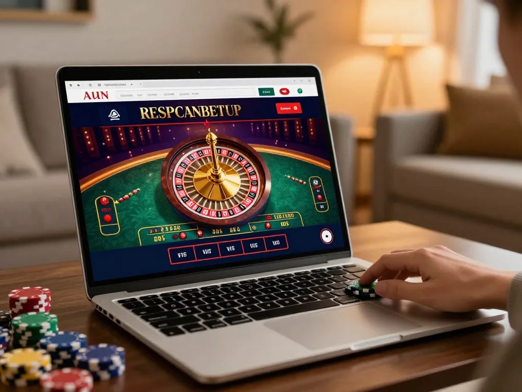 Engaging online roulette gameplay on a laptop at home, featuring 789win1 and colorful betting chips.