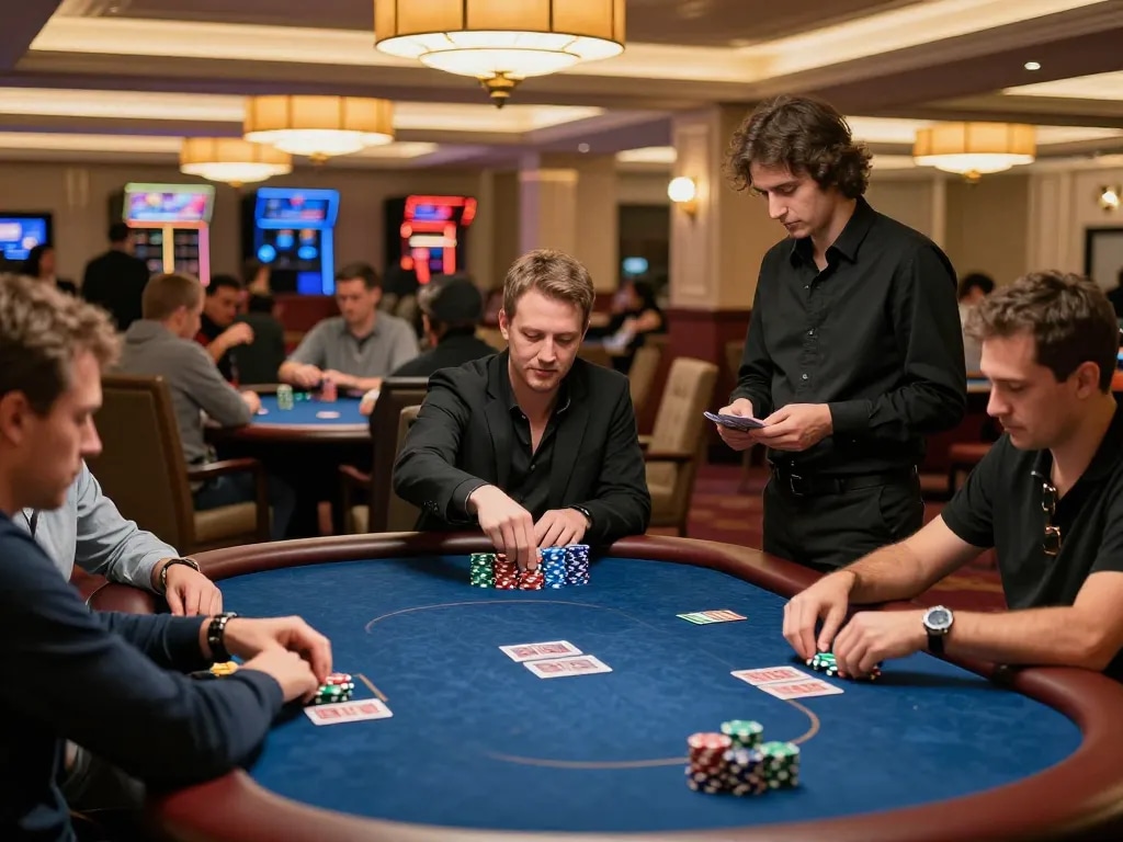 Players engaging in high-stakes poker at a QQ88 casino, showcasing strategy and excitement in a luxurious setting