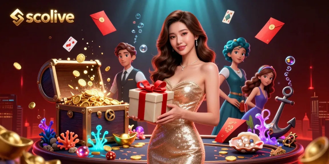 Socolive showcases a vibrant casino scene featuring a welcoming Asian model holding a gift box of coins.