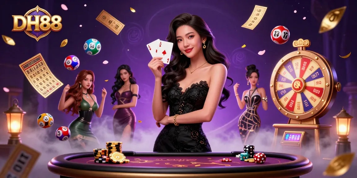 A photorealistic elegant Asian woman at DH88 holds ace playing cards in a luxury casino setting.
