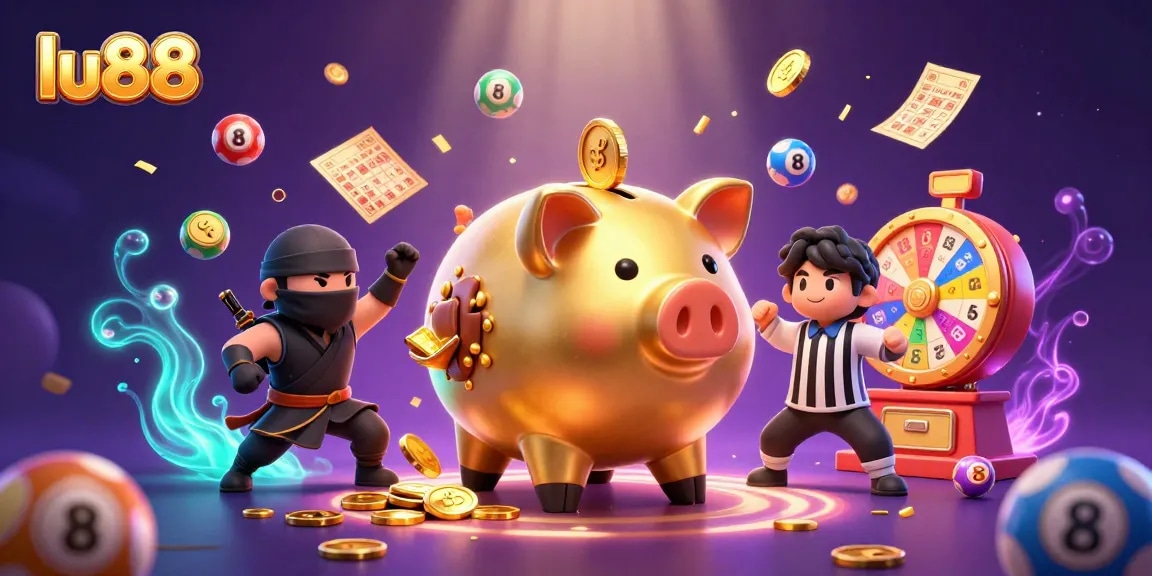 Join the excitement at lu88 with a dynamic scene featuring a golden piggy bank sumo wrestler amidst colorful lottery elements.