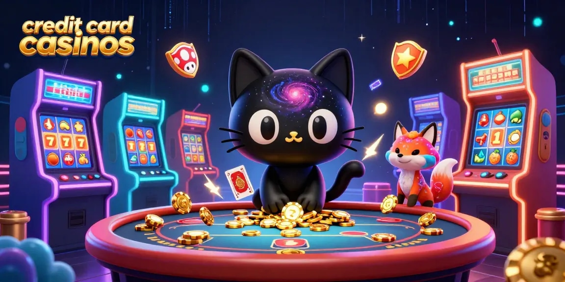 Interact with credit card casinos through a vibrant cosmic scene featuring a black hole cat and its fox companion.