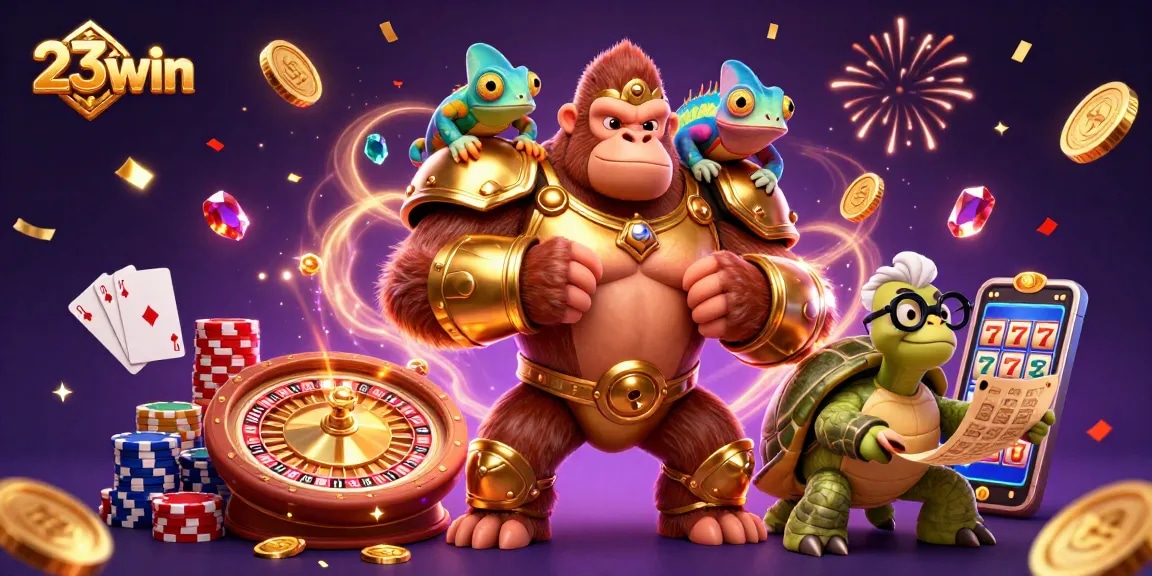 Experience the thrill of 23win with a vibrant 3D casino illustration showcasing exciting games and dynamic characters.