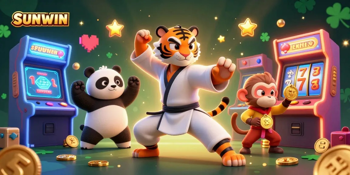 SUNWIN offers exhilarating casino fun with a kung fu tiger master, panda, and monkey among vibrant slot machines.