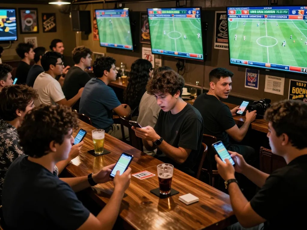 Kèo nhà cái hôm nay displayed on phones as fans passionately watch live sports in a bustling bar setting