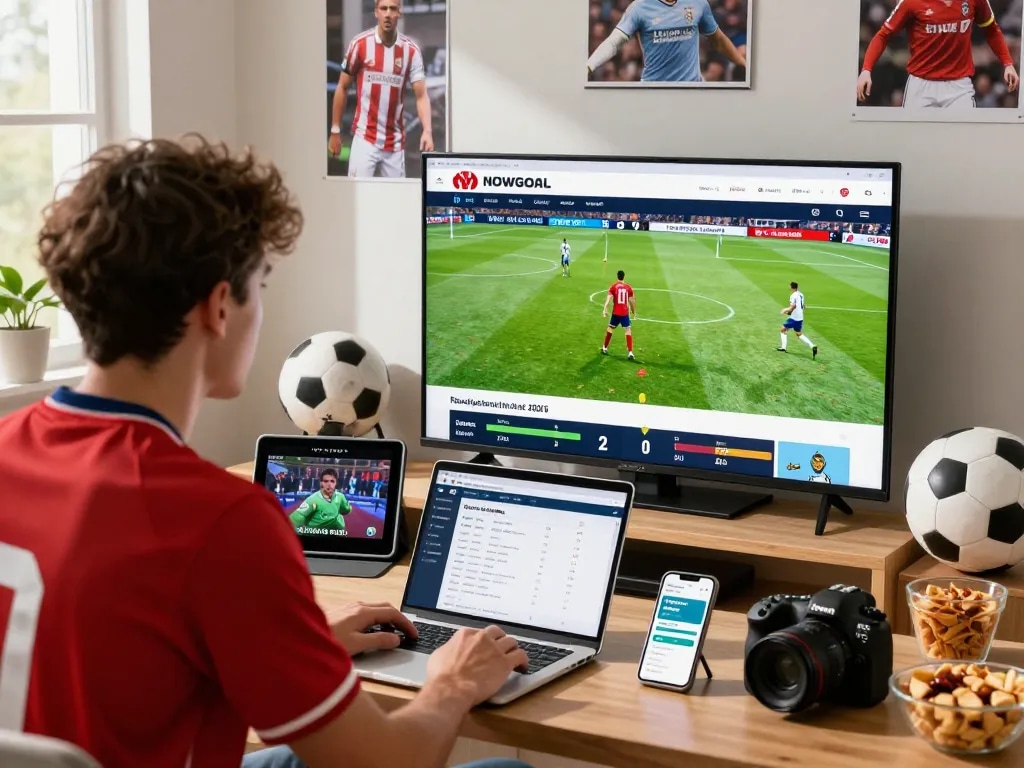 Football fan engaging with NOWGOAL's live scores during a match at home, showcasing excitement and tech integration.