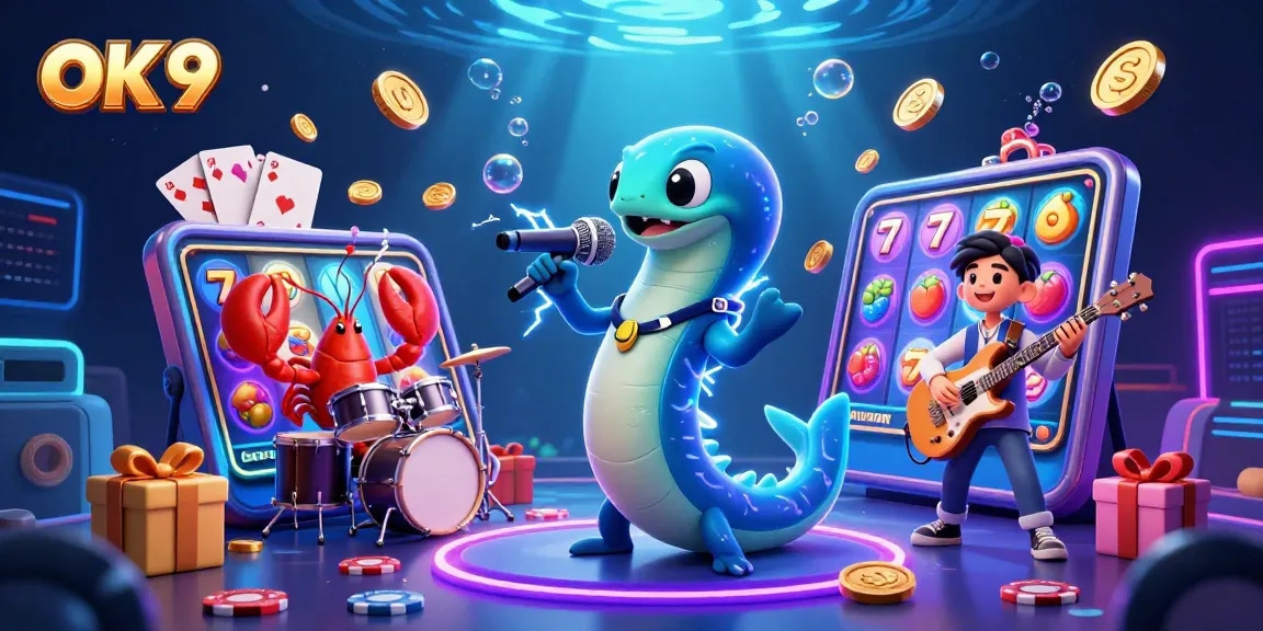 Celebrate wins with OK 9 in this vibrant underwater casino scene showcasing dynamic characters and exciting gaming elements.