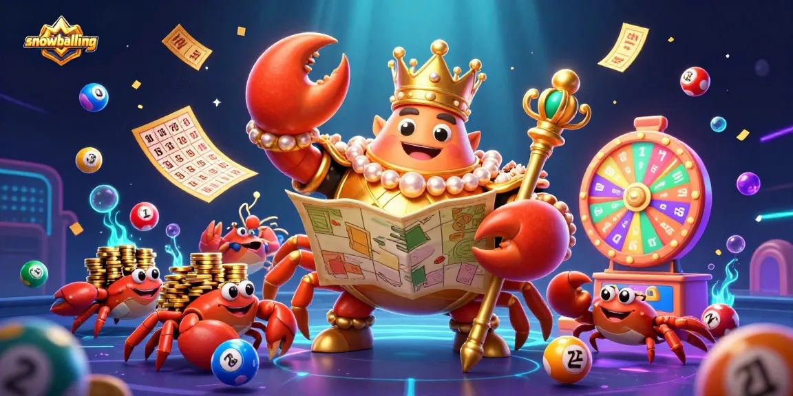 Engage in snowballing fun with a golden crab emperor leading the vibrant lottery game!