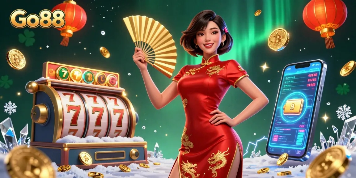 Engage with Go88 for thrilling casino experiences featuring vibrant Asian culture, slot reels, and glowing crypto elements.