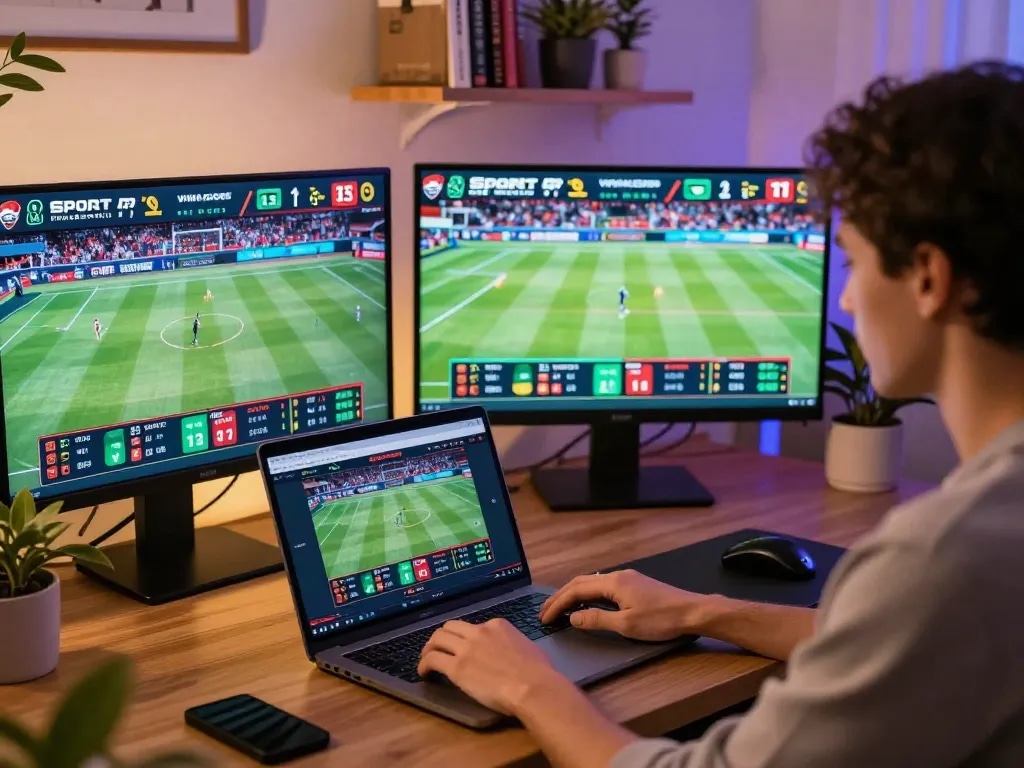 Engaging sports betting on 1gom platform from a modern home office setup.