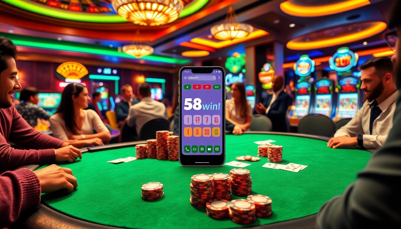Players engaged in high-stakes poker action at 58win1 casino, with vibrant atmosphere and winning potential.