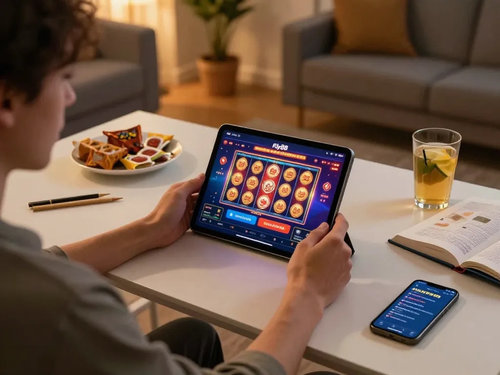 Engaging gameplay on fly88 movie app, showcasing vibrant slot options in a cozy home setup.